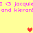 Yellow background with pink text reading "I <3 jacqui <3 jacquie and kieran!" and two pixelated hearts, one red and one orange.