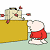 Pixelated cartoon animation featuring a white character in red pushing a yellow box with a beige object emitting red hearts, next to green text reading "Original Icons .com" on dark background.