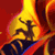 Static pixelated icon showing a dark silhouette of a running figure with antlers against a bright yellow-orange flame-like background on red and blue accents.