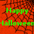 Green 'Happy Halloween' text on red spiderweb background with partial gray overlay in bottom-right corner.