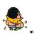 Pixelated cartoon character in yellow shirt and blue pants shown from multiple angles with varying expressions on gray background.