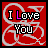 A 4-frame animated contact sheet showing a red background with white decorative swirls and the text "I Love You" where the letter 'o' in "Love" alternates between black and pink across frames.
