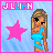 Pixel art contact sheet showing two frames of an animated buddy icon with a blonde woman in blue dress, pink star, and "JILLIAN" text on light blue background.