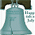 Static pixelated icon of a large teal bell with dark brown top, white background, and partial text reading "Happy 4th July" on the right side.