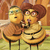 Two pixelated cartoon figures stand side-by-side on a grassy field with a brown background, one with short hair and the other with a large brown hat.