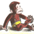 Pixelated cartoon monkey sitting with legs crossed, wearing red outfit and yellow belt, holding object in right hand against white background.