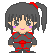 Pixel art character with dark gray hair in a high ponytail, red accents on clothing and hair tie, pink cheeks, and two distinct mouth expressions.