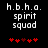 Black background with white pixelated text 'h.b.h.o. spirit squad' and red heart symbols below, showing two animation frames where the third heart shifts position.
