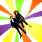 A repeating pattern of stylized figures in dynamic poses against a radiating multicolor background with green, orange, purple, and yellow segments.