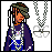 Pixel art with four showing characters, necklaces, and text phrases