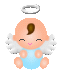 Pixelated angel baby icon with white halo, brown hair tuft, closed eyes, pink smile, light blue outfit, and white wings on gray background.