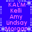 Blue background with pink text listing names KAL'M, Kelli, Amy, Lindsay, Morgan in a pattern surrounded by white asterisk and dotted line borders