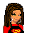 Pixel art contact sheet showing a female character with brown braided hair and red/black outfit across multiple frames, including full-body views and text elements reading "Will You Be My Super man?" in blue pixelated font.