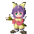 A 4x4 contact sheet of a pixel art character with purple hair, yellow ears, and pink-and-yellow clothing holding a green staff across multiple animation frames showing different poses and expressions.