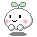 Pixelated white character with green sprouts, pink cheeks, and black eyes in multiple expressions including smiling, winking, and mouth shapes, on gray background.