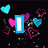 Pixelated text and heart shapes on a black background with scattered white dots.