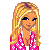 Pixel art contact sheet showing multiple views of a blonde character in pink and white outfit with text elements on pink backgrounds.