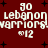 Red background with white pixelated text reading 'lebanon warriors' and '90 12', surrounded by black plus signs.