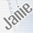 Two animated frames of a pixelated buddy icon showing the name 'Jamie' in stylized text with varying color schemes against a light blue striped background.