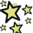 Five yellow stars with black outlines on a white background, varying in size and positioned asymmetrically across the frame.