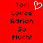 Red background with black pixelated text reading 'Tori Loves Adrian So Much!' and a white pixelated heart symbol above the text.