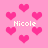 Pixelated pink background with scattered bright pink hearts and repeated white text 'Nicole' in a retro digital font.