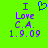 Green background with purple text reading "I Love C.A. 1.9.09" and a blue pixelated heart symbol above the text.