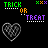 Pixelated graphic with 'TRICK' in green, 'OR' in orange, and 'TREAT' in purple text above a gray heart symbol on black background.