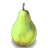 Static pixelated icon of a green-yellow pear with stem against gray background, rendered in low-resolution 256x256 pixels.