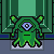 Green pixelated creature with single eye and antennae stands on gray platform beneath green architectural frame.