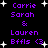 Purple text on black background with white stars, displaying names and symbols in two identical vertical