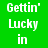 Green background with white pixelated text reading 'Gettin' Lucky in Kentucky', where 'Kentucky' is partially obscured by a black outline of the state.