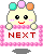 Pixelated character with three colored dots on head holds pink checkered sign reading NEXT in red text.