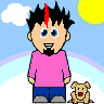 Pixelated cartoon character with spiky black hair and red streak, pink shirt, blue shorts stands beside a small dog under sunny sky.