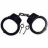 Black metal handcuffs with a chain connecting two circular cuffs, displayed against a white background.