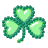 Animated sequence of five identical green shamrocks with heart-shaped leaves on a gray background, each frame showing the same static image.