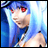 Pixelated anime-style character with blue hair and red eyes on left, black background with white text on right.