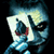 Pixelated image of a stylized character with blue and white tones, featuring a wide mouth, dark eyes, and a red accent on the face against a dark background.