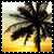 Animated palm tree silhouette against a gradient sunset sky with yellow and light blue tones.