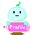 Pixelated character with light blue body holds pink sign reading 'Profilo' under green musical note, showing four distinct facial expressions across frames.