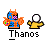 Pixel art animation of a blue-and-orange character with orange hair and purple eyes, holding an orange object, next to a yellow figure with white head, all on gray background.