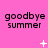 Pink background with repeated 'goodbye summer' text and changing white pixel symbols across three