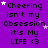 Purple background with repeated text "Cheering isn't my Obsession it's My LIFE <3" and scattered white/pink stars, one gray rectangle in bottom-right corner.