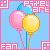 Pixel art of two balloons against a light blue background with pink and white text borders.