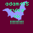 Pixelated green text 'adamf55 rules ok' above a purple bat-like shape with multiple exclamation marks on a dark red background.