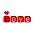 Four animated frames of a pixel art buddy icon showing the word "LOVE" with red heart symbols above each letter, displayed in a 2x2 contact sheet on gray background.