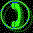 Green curved shape in circular frame rotates clockwise through four positions on black background with blue pixel accents.
