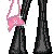 Pixelated 2x2 contact sheet of a female character with blonde hair, pink accessories, and black pants across four frames showing different body parts and text.
