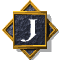 Four identical square icons with gold borders and dark blue textured backgrounds, each displaying a white capital J in the center.