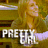 Pixelated image of a person with light brown hair wearing an orange top, standing against a greenish-brown background with large white text reading PRETTY.